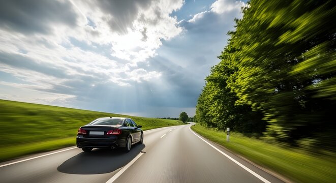 Sedan car driving down a scenic road with trees and green fields under a cloudy sky