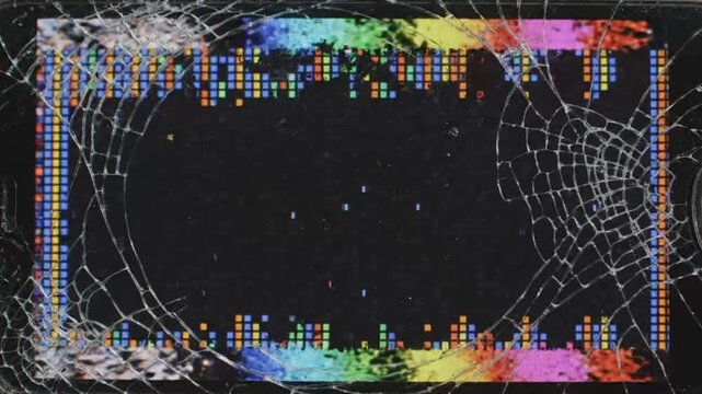 Broken smartphone screen with cracked glass overlay, digital glitch effect on damaged mobile display, rainbow pixel art border on shattered phone