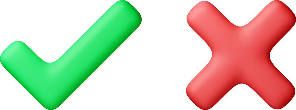 3D Green check mark and red cross mark.
