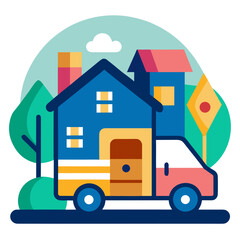 Naklejka premium toy truck carrying a house vector illustration for transport and delivery concept