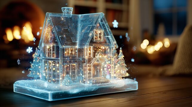 Digital rendering of a festive Christmas house on a wooden surface.