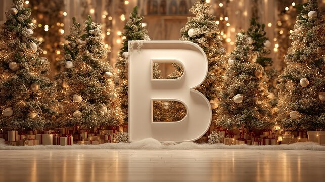 Festive Christmas themed image features the letter B surrounded by holiday decorations and illuminated trees.