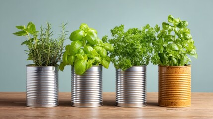 Naklejka premium Recycled tin cans transformed into an indoor garden with growing herbs