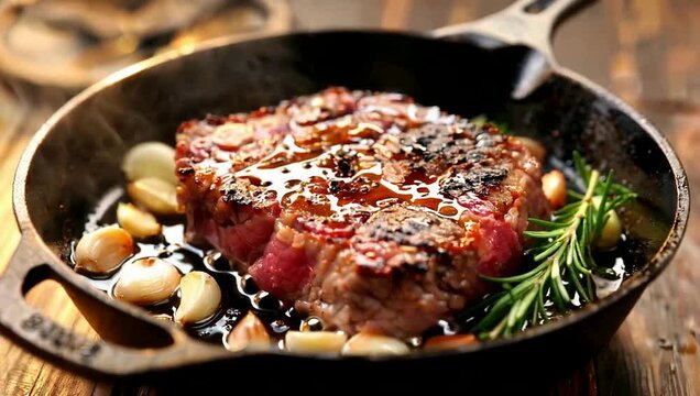 Beef steak frying in a cast iron skillet with garlic and rosemary