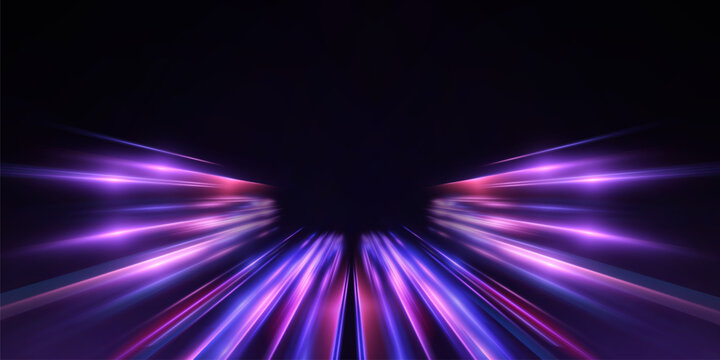 Purple speed stream background with glowing light trails on black. Futuristic vector motion effect for music visuals, tech banners and digital backdrops.