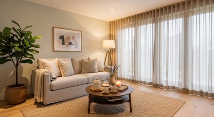 Fototapeta premium A cozy living room with a beige sofa, a wooden coffee table, and a potted plant in a green pot.