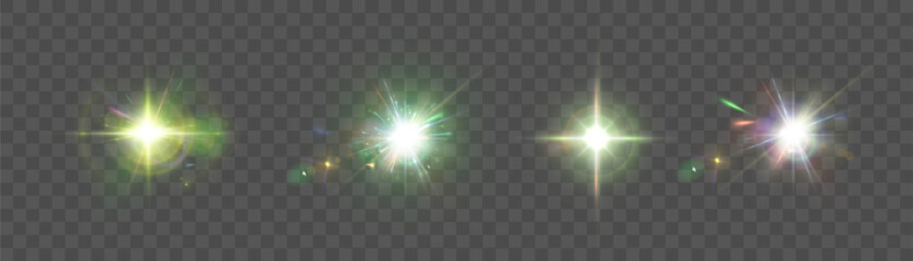Obraz premium Glowing star sparkle light effect isolated on transparent background. Vector shining flare highlight for festive design, luxury branding, beauty visuals and magic overlays.