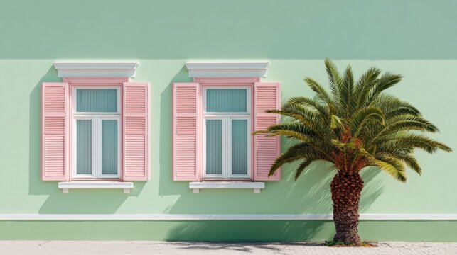 Pastel green facade with pink shuttered windows in bright summer sunlight