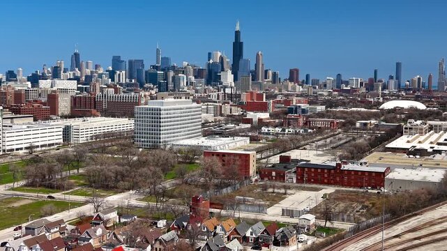 Aerial panning view of the Chicago skyline