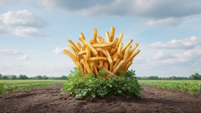 Giant french fries growing from green plants in a farmland under blue sky