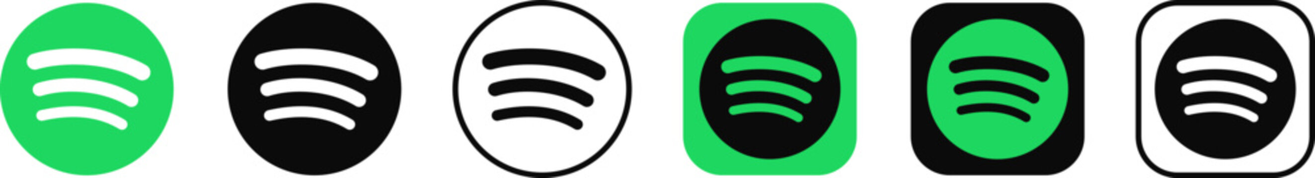Spotify application logo icon vector set. Square, round, circle, outline styles. Editorial vector buttons