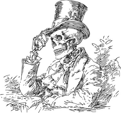 Victorian skeleton gentleman tipping his top hat in vintage black and white illustration