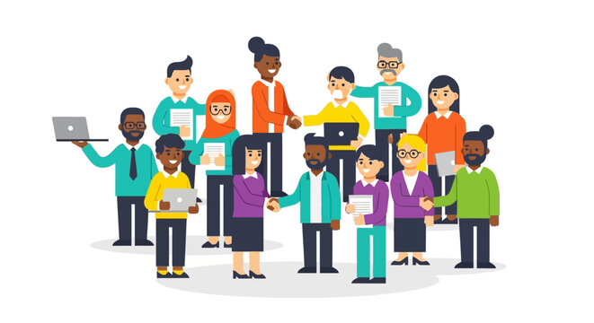 Diverse group of business professionals collaborating, networking, and building partnerships in a modern work environment