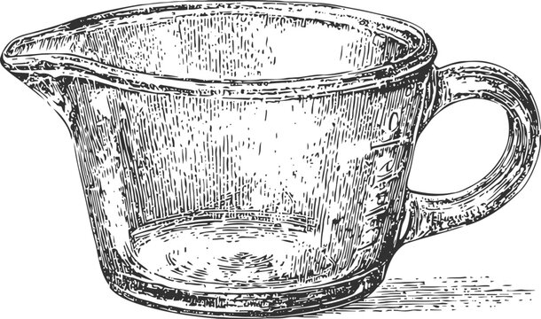 Vintage glass measuring cup with handle and spout, kitchenware, cooking utensil illustration