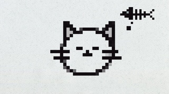 A cute animated pixel art illustration of a cat's face sleeping, dreaming of a fishbone, and then waking up.