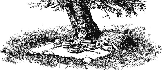 Fototapeta premium Vintage picnic setup under tree with blanket, dishes, cups, and basket in grass field