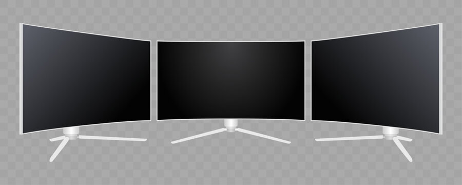 Curved Monitor and TV Mockup Set &ndash; Front, Side and Perspective Views of Modern 4K OLED Display Screens Vector on Transparent Background