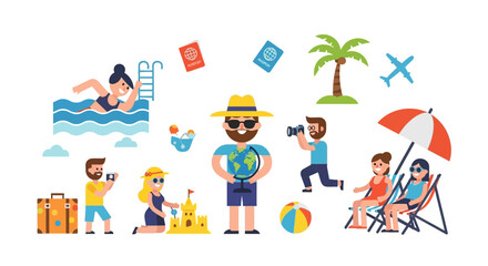 Fototapeta premium Summer Vacation and Travel Theme with People Enjoying Beach Activities and Traveling Around the World