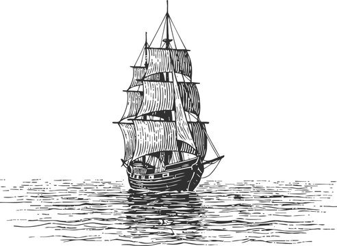 Vintage sailing ship with full sails on calm sea, classic wooden tall ship illustration