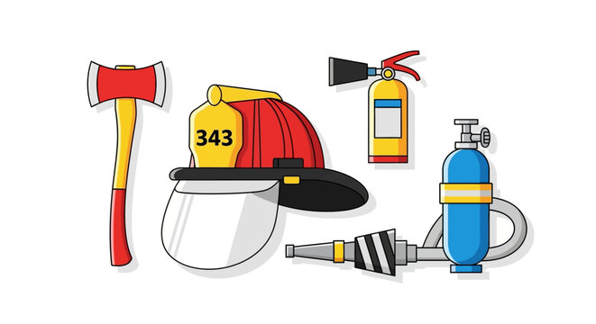 Essential Firefighting and Emergency Response Tools Set. Vector Illustration of Helmet, Axe, Extinguisher, Hose Nozzle, and SCBA Tank for Safety