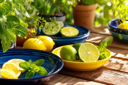 Vibrant Fiesta Table Scene with Ceramic Textures and Fresh Citrus Fruits