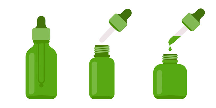 Green glass dropper bottles with pipettes on white background