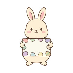 Obraz premium Cute cartoon bunny holding Easter eggs sign