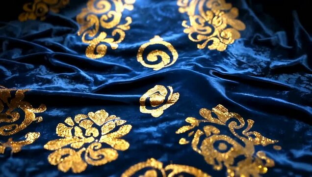 Elegant Royal Blue Velvet Fabric with Ornate Gold Floral Pattern
