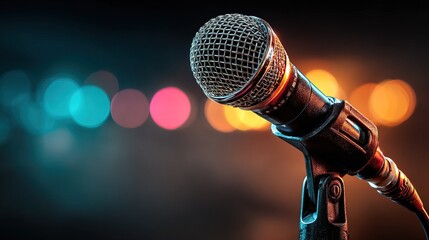 Obraz premium Studio Microphone Professional Detail on Stand with Bokeh Background Instrument