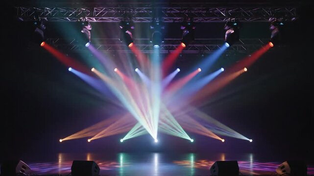 Red and blue spotlights mounted on a stage rig in a dark theater, projecting beams through haze during a live performance or concert with colorful professional lighting effects.