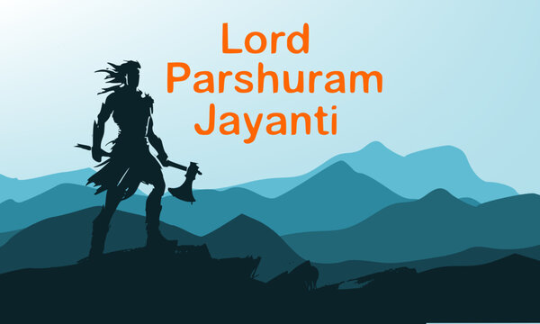 Lord Parshuram Jayanti festival greeting card featuring a powerful warrior silhouette holding an axe against a blue mountain landscape background with vibrant orange typography.