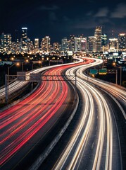 Fototapeta premium Highway with light trails from moving cars and city skyline at night with motion blur long exposure. Urban traffic and transportation concept. 