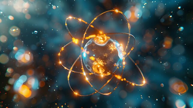Abstract visualization of glowing atom with electrons orbiting nucleus in cosmic space.