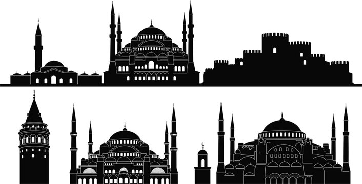 Istanbul City Skyline Silhouette Featuring Hagia Sophia Blue Mosque Galata Tower And Famous Turkish Architecture Landmarks Vector Illustration For Travel Tourism