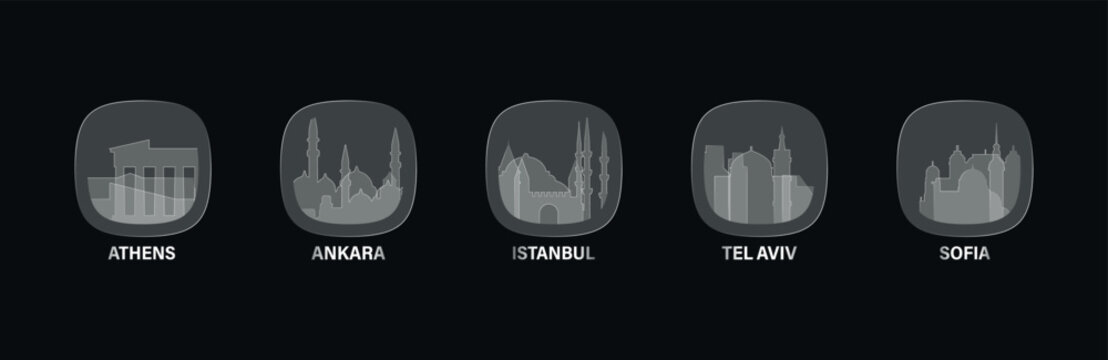 Aegan Europe cities icons with glass, liquid effect. Set of cityscapes for interface design. Vector Athens, Istanbul, Ankara, Tel Aviv, Sofia skylines