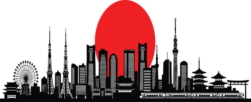 Japan city skyline silhouette with red sun and famous Tokyo landmarks including Tokyo Tower and Skytree for travel and tourism