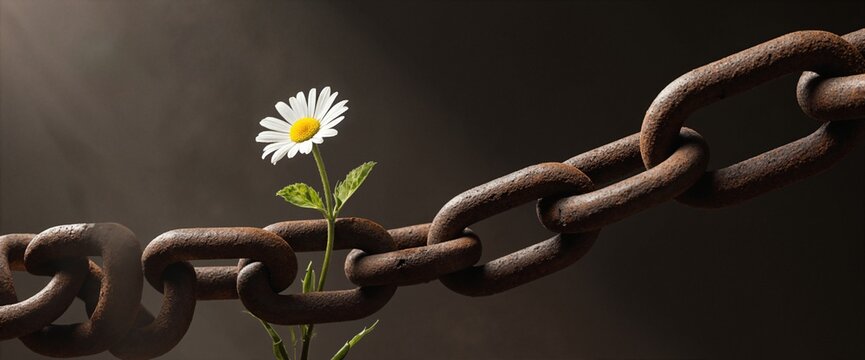 A white daisy through a heavy rusty chain, concept of hope and resilience