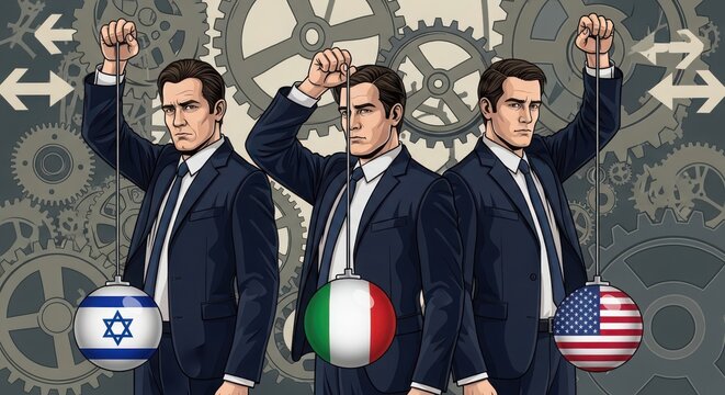 Three businessmen controlling globe pendulums with Israel, Italy, and USA flags