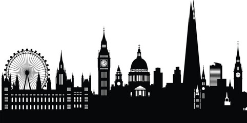 Fototapeta premium London City Skyline Silhouette Featuring Big Ben London Eye St Pauls Cathedral and Shard Landmarks Isolated on White Background for Design