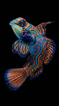 Exotic mandarinfish with orange and blue psychedelic patterns swimming against a solid black background mandarinfish underwater tropical colorful wildlife swimming isolated background