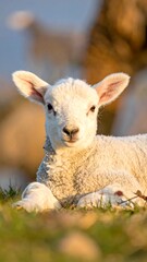Obraz premium Close-up of a fluffy, white baby farm animal lying on grass, lit by warm sunlight with a blurred background
