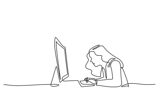 hunched woman typing on computer continuous one line drawing minimalist concept