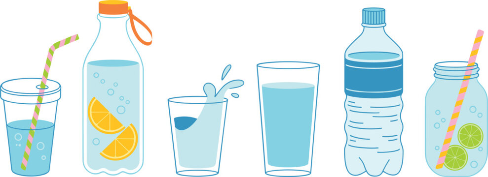 Drinking water collection set, diverse glass and plastic bottle icons with lemon, lime and straw for healthy hydration vector