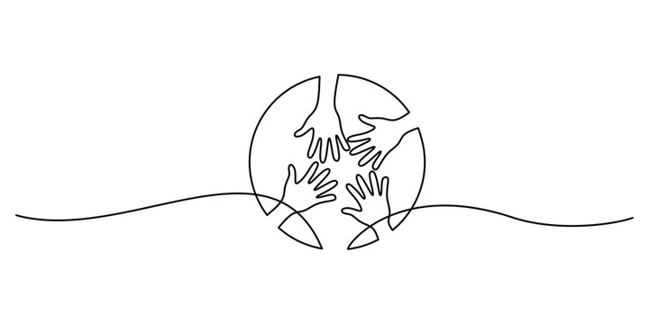 Global community hands circle concept single line art. Teamwork collaboration and unity minimalist vector graphic.