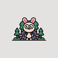 Obraz premium Cartoon rabbit in forest with trees and mushrooms cute animal character design