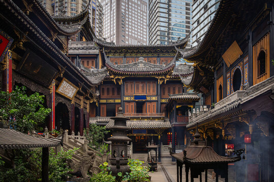 Beautiful architecture of Louhan Buddhist temple in central downtown Chongqing, China.