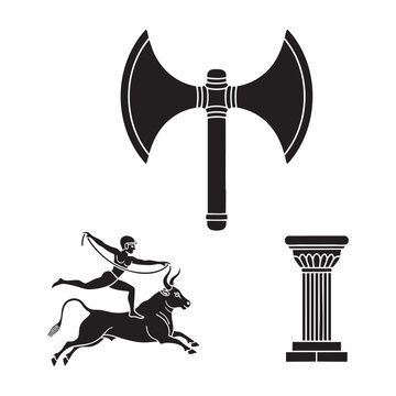 Ancient Minoan Icons Labrys Double Axe Bull Leaping Column Silhouette Vector Set