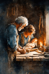 Fototapeta premium Holy Family Workshop Scene – Generative AI – no real persons