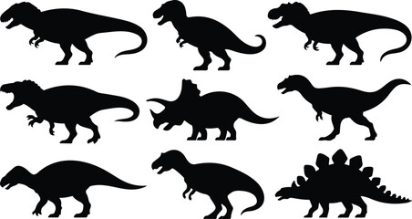 Clean vector illustration of dinosaur silhouettes collection including T-Rex stegosaurus and triceratops in dynamic pose grid © Master