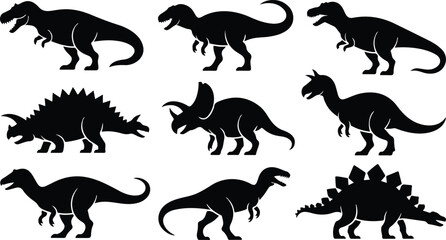 Clean vector illustration of dinosaur silhouettes collection including T-Rex stegosaurus and triceratops in dynamic pose grid © Master